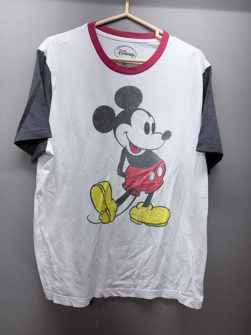 Disney Mickey Mouse Ringer T-Shirt Men 2XL Colorblock Short Sleeve White Gray